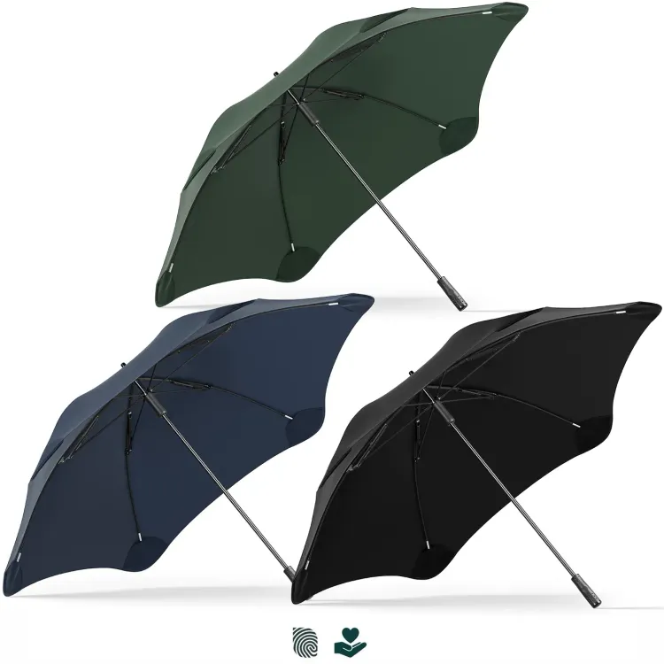 Three BLUNT Sport umbrellas in forest green, navy, and black with Impact Aware icons displayed below