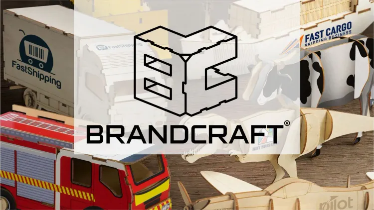 Brandcraft logo over wooden 3D puzzles and model kits including trucks, animals and planes.