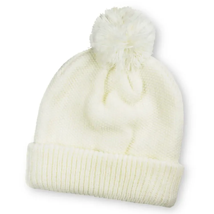 White Bumble Beanie with folded cuff and matching pom-pom on top.