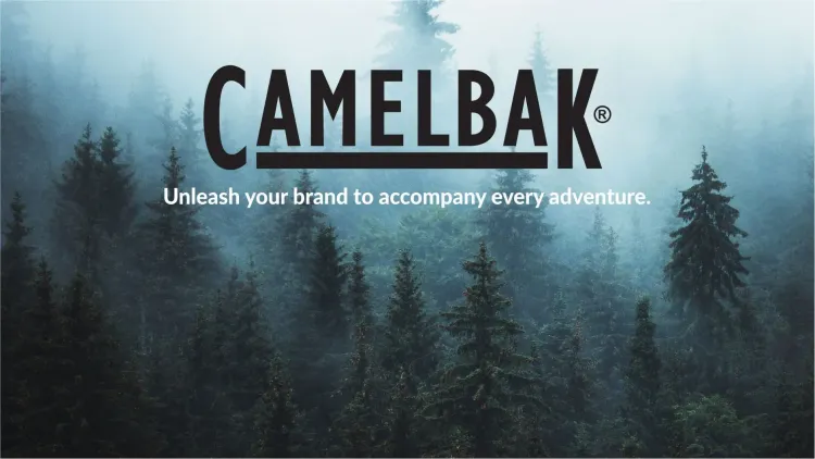 CamelBak logo over misty evergreen forest with slogan about adventure.