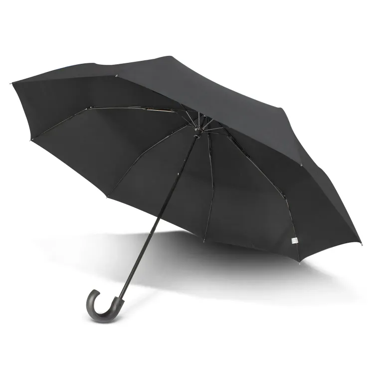 Colt umbrella in black with curved hook handle, open underside view