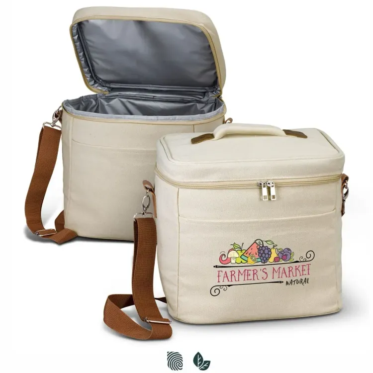 Colton Cooler Bag in natural cotton canvas with brown shoulder strap, zipped lid open, part of Impact Aware collection.