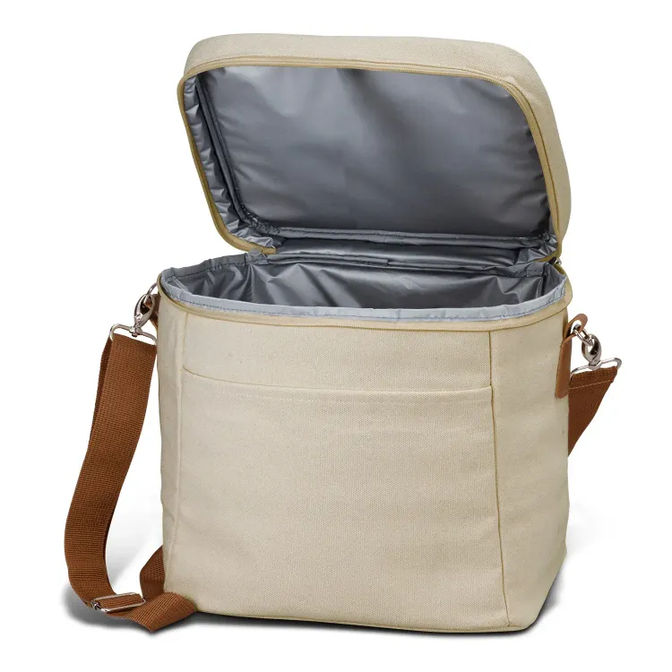 Colton Cooler Bag in natural cotton canvas with lid open showing insulated PEVA lining.