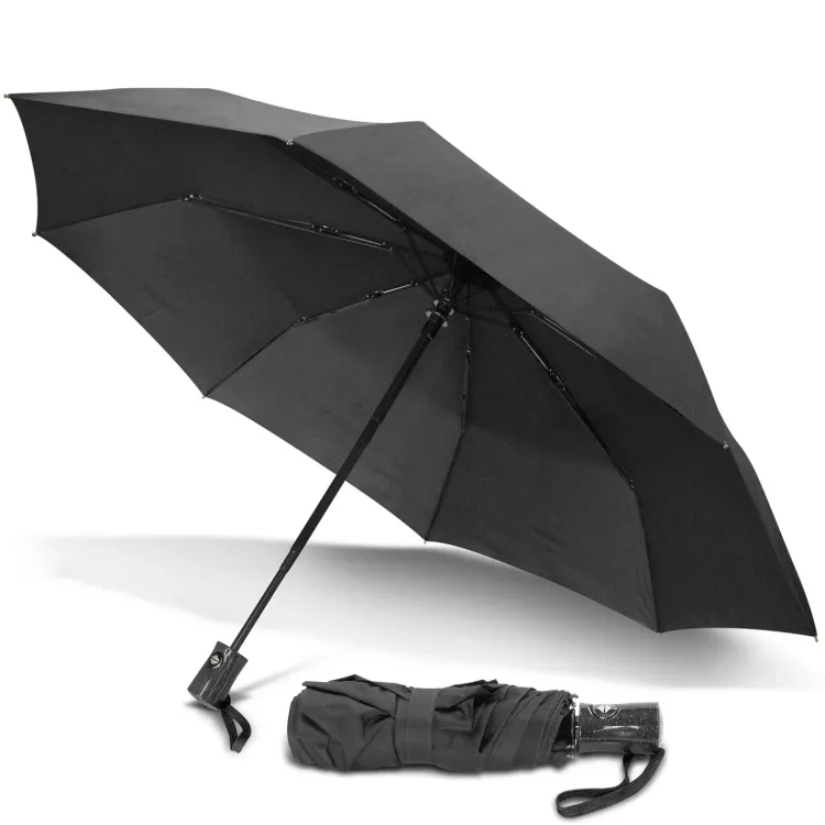 Dew Drop umbrella in black, open underside view with matching folded umbrella
