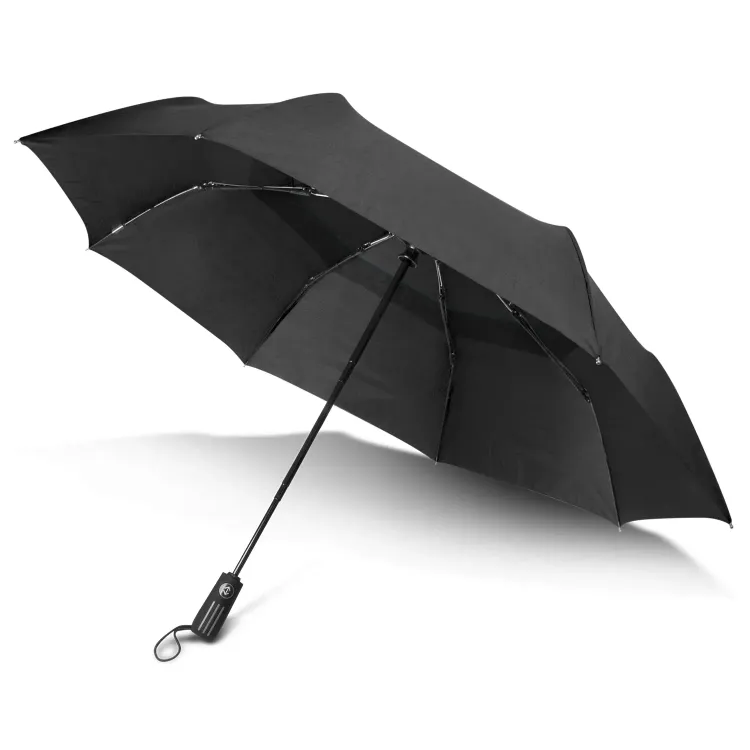 Director umbrella in black, open underside view