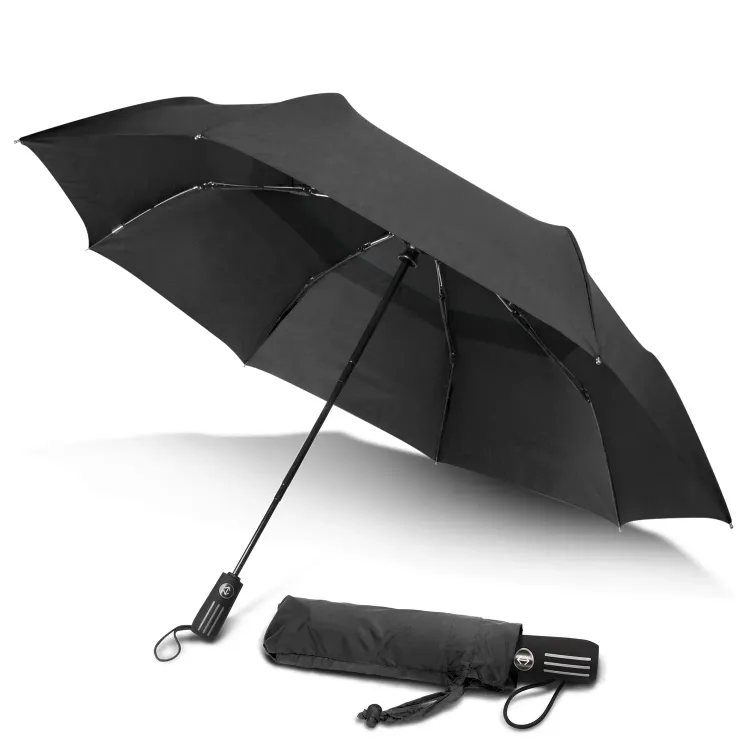 Director umbrella in black, open underside view with matching sleeve