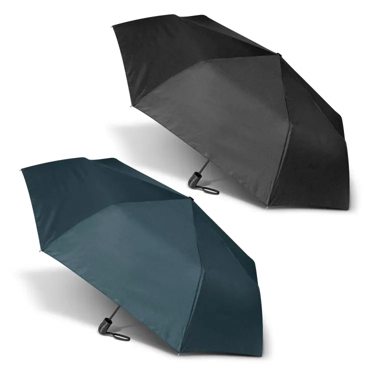 Line-up of Economist umbrellas in black and navy, open profile view