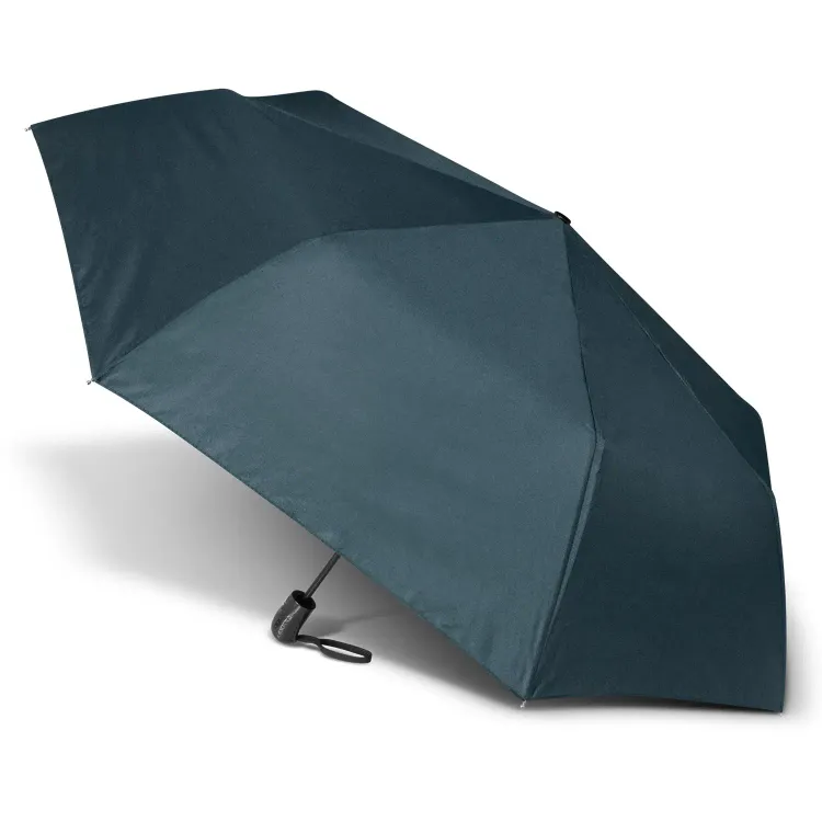 Economist umbrella in navy, open profile view with matching handle loop