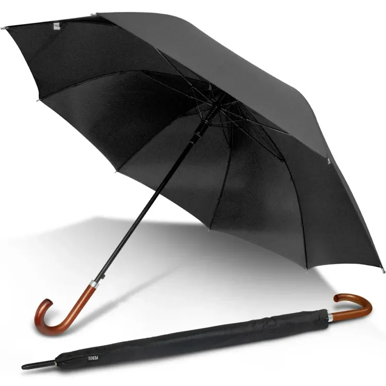 Executive umbrella in black, open underside view with wooden hook handle and matching sleeve