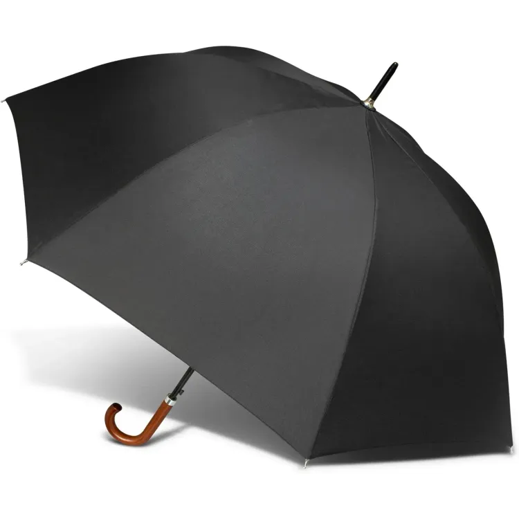 Executive umbrella in black, open profile view with wooden hook handle