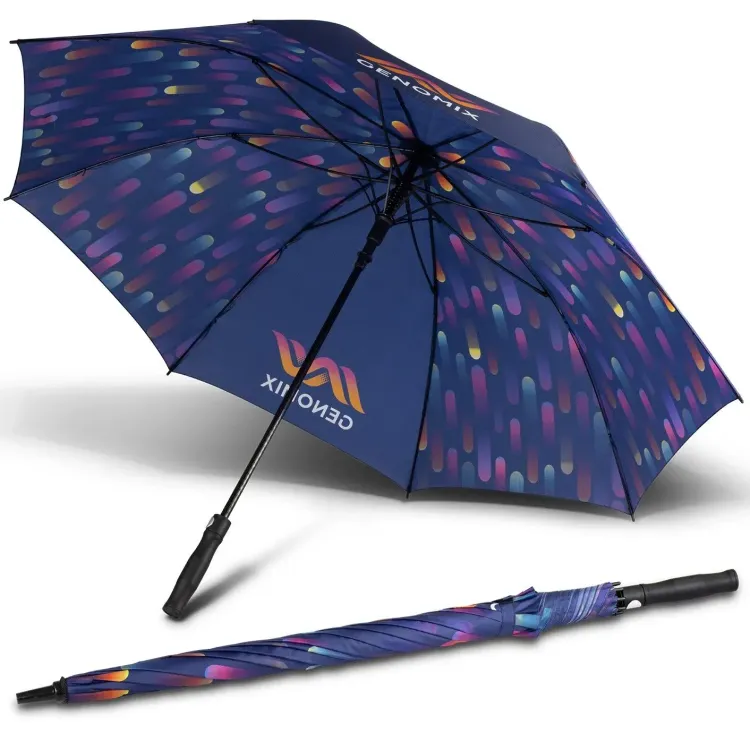 Full Colour umbrella with custom edge-to-edge printed canopy artwork, open underside view with one closed umbrella