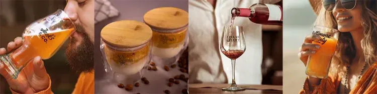 Hands holding and pouring drinks into assorted glassware including beer, double wall, and wine glasses with printed logos