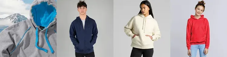 Assorted hoodies and crew sweatshirts in grey, navy, cream, and red shown folded and worn by models