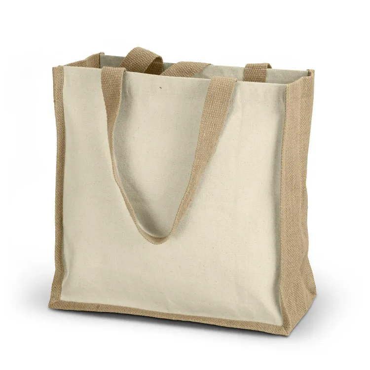 Horus Tote Bag with natural jute sides, cotton front and long carry handles.