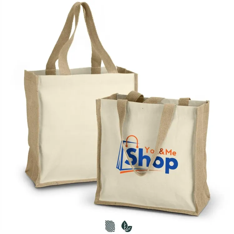 Horus Tote Bag with natural jute sides and Impact Aware symbols shown below.