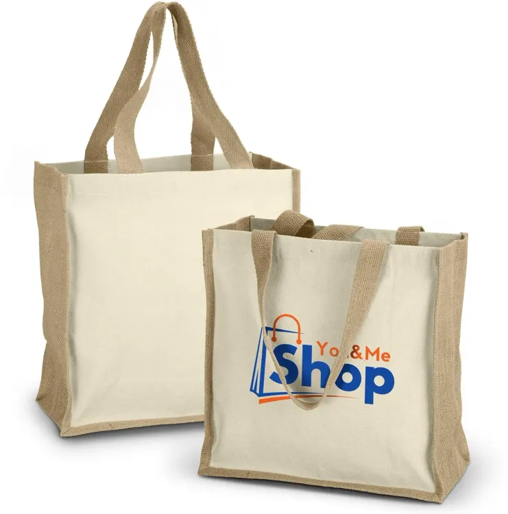 Horus Tote Bag with natural jute sides and printed front logo design.