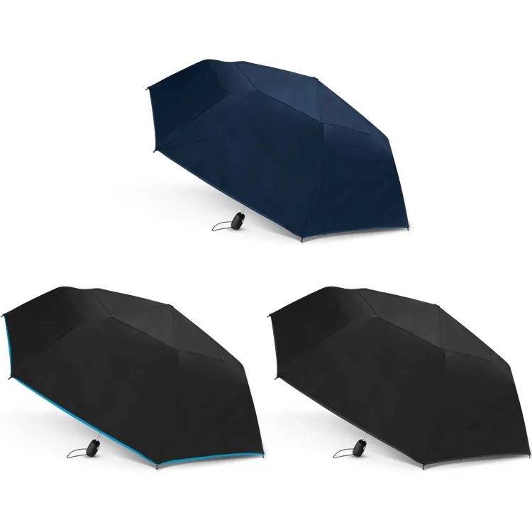Line-up of Hurricane City umbrellas in navy, black, and black/cyan, open profile view