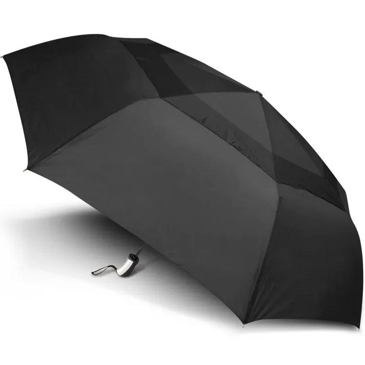 Hurricane Senator umbrella in black, open profile view with silver handle and wrist strap