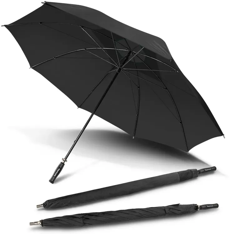 Hurricane Sport umbrella in black, open underside view with two closed umbrellas, one in branded sleeve