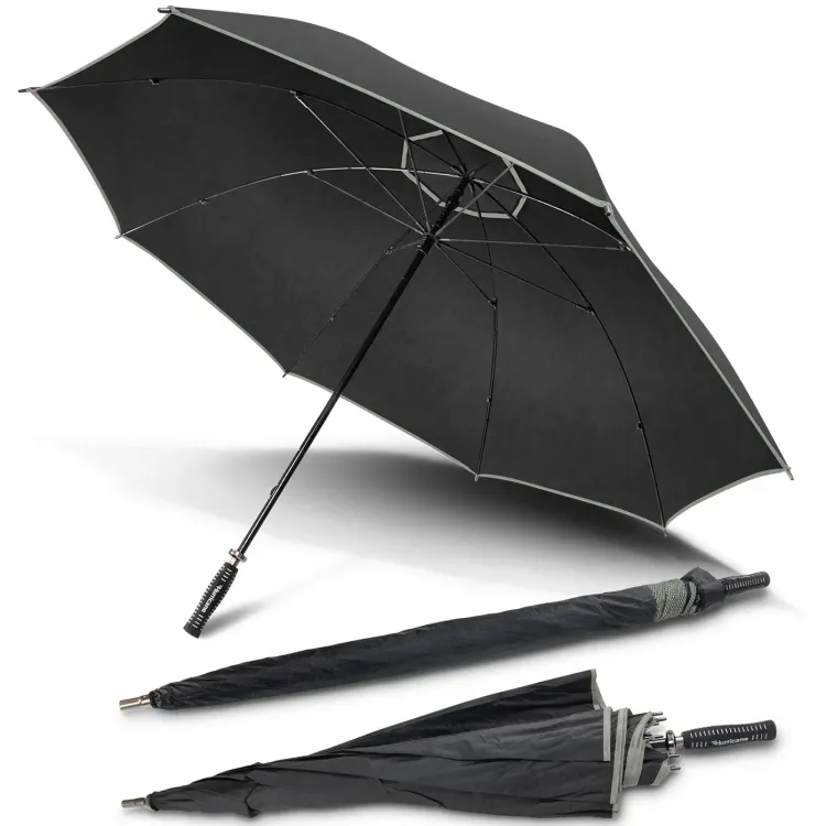 Hurricane Sport umbrella in black with reflective trims, open underside view with two closed umbrellas, one in branded sleeve