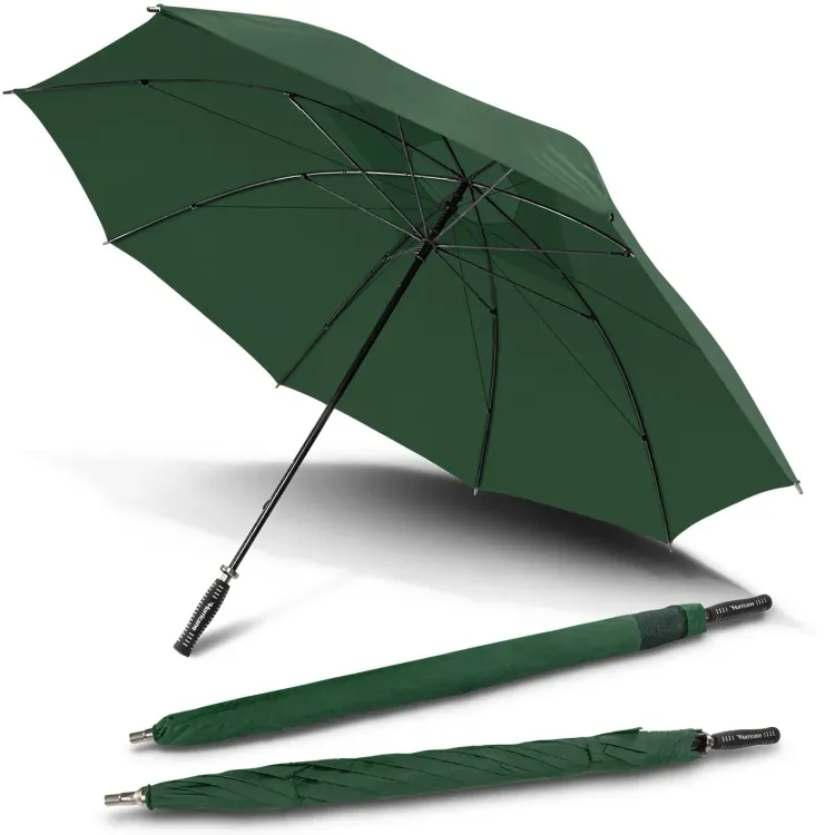 Hurricane Sport umbrella in bottle green, open underside view with two closed umbrellas, one in branded sleeve