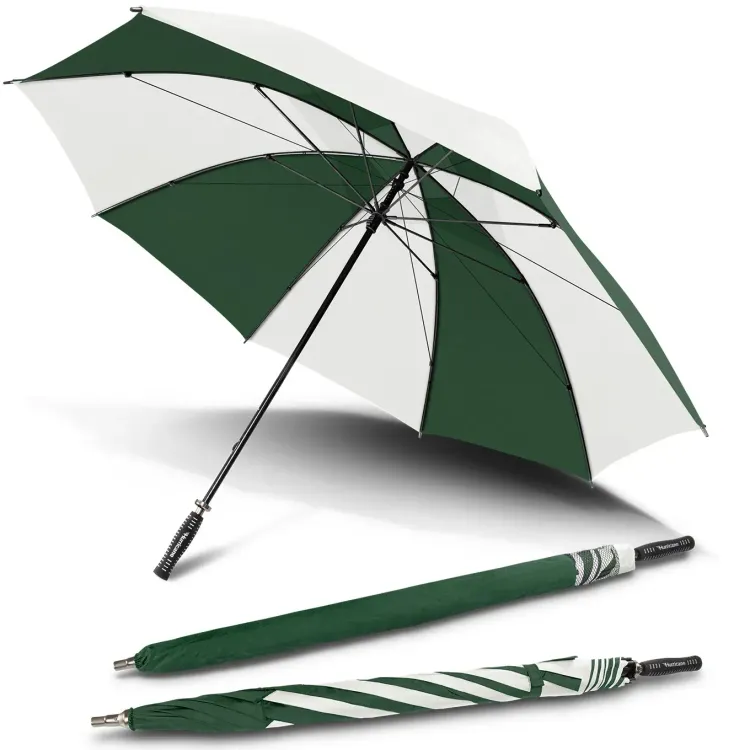 Hurricane Sport umbrella in bottle and white, open underside view with two closed umbrellas, one in branded sleeve