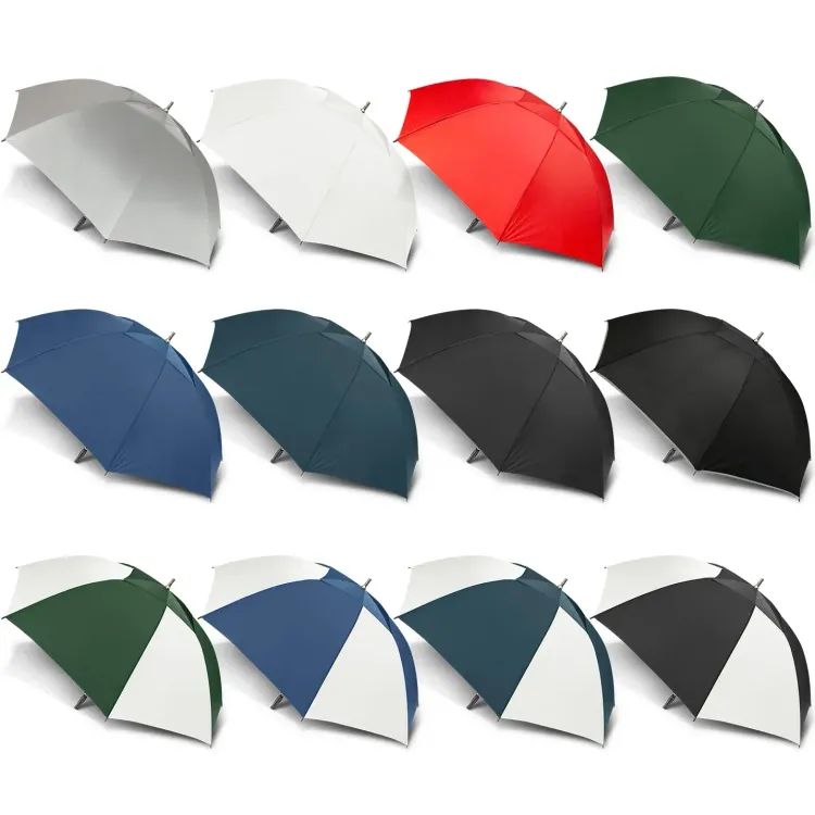 Line-up of Hurricane Sport umbrellas in assorted colours, open profile view with black handles and metal tips