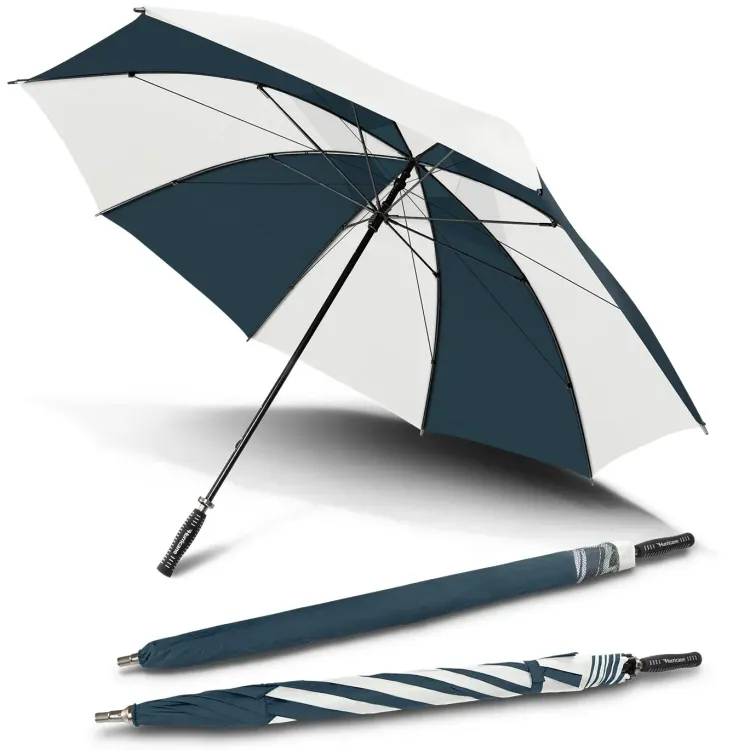 Hurricane Sport umbrella in navy and white, open underside view with two closed umbrellas, one in branded sleeve