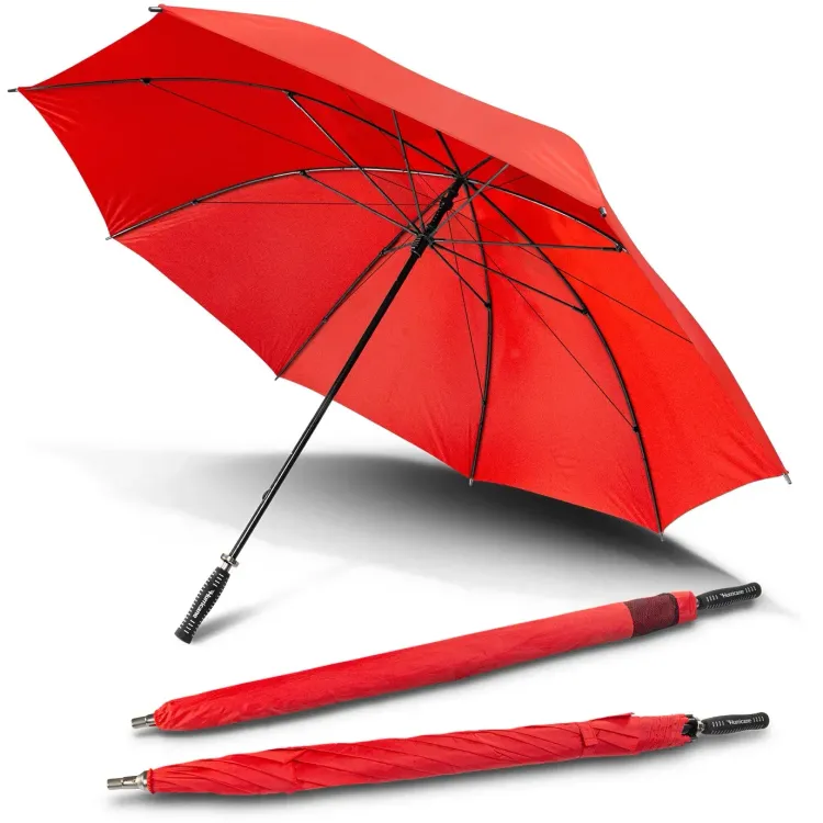 Hurricane Sport umbrella in red, open underside view with two closed umbrellas, one in branded sleeve
