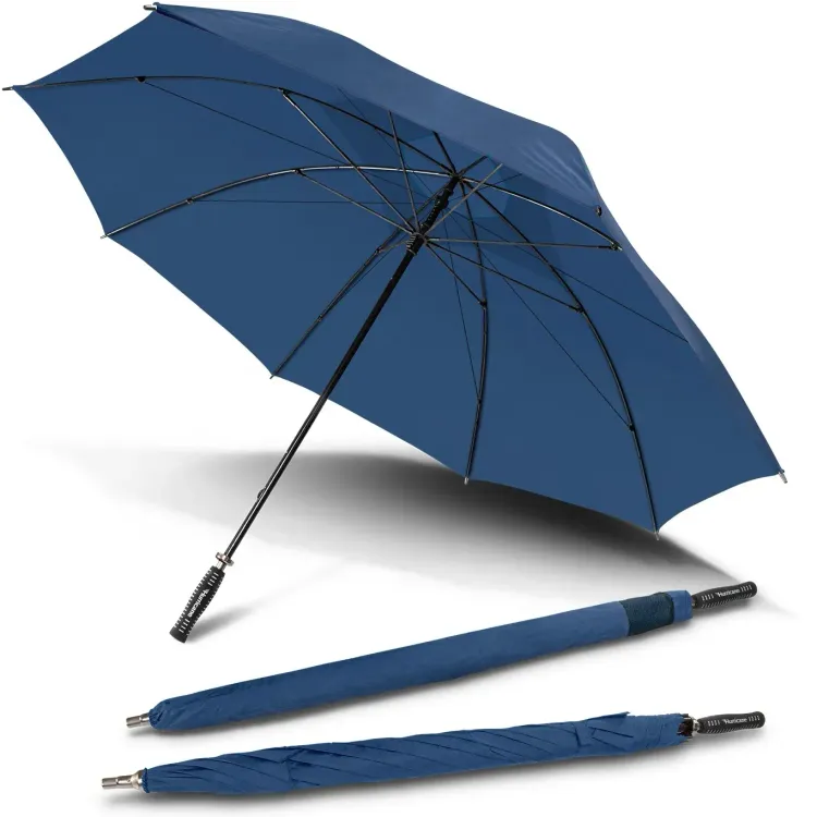 Hurricane Sport umbrella in royal blue, open underside view with two closed umbrellas, one in branded sleeve