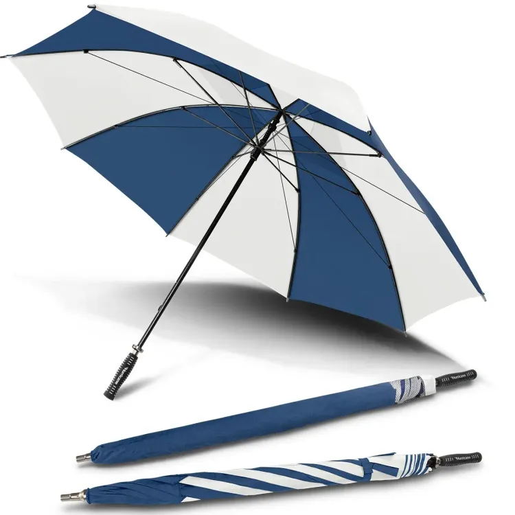 Hurricane Sport umbrella in royal and white, open underside view with two closed umbrellas, one in branded sleeve