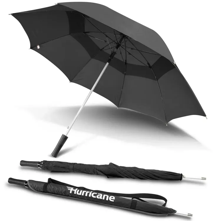 Hurricane Urban umbrella in black, open underside view with matching handle colour, aluminium shaft and two closed umbrellas, one in branded sleeve