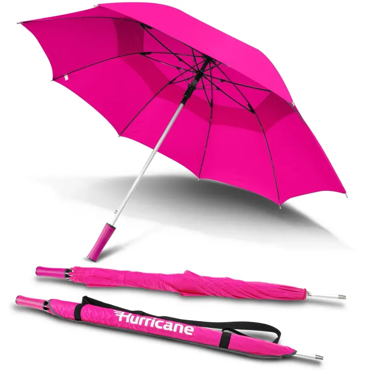 Hurricane Urban umbrella in fushia, open underside view with matching handle colour, aluminium shaft and two closed umbrellas, one in branded sleeve