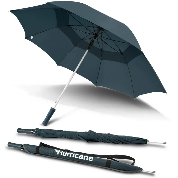 Hurricane Urban umbrella in navy, open underside view with matching handle colour, aluminium shaft and two closed umbrellas, one in branded sleeve