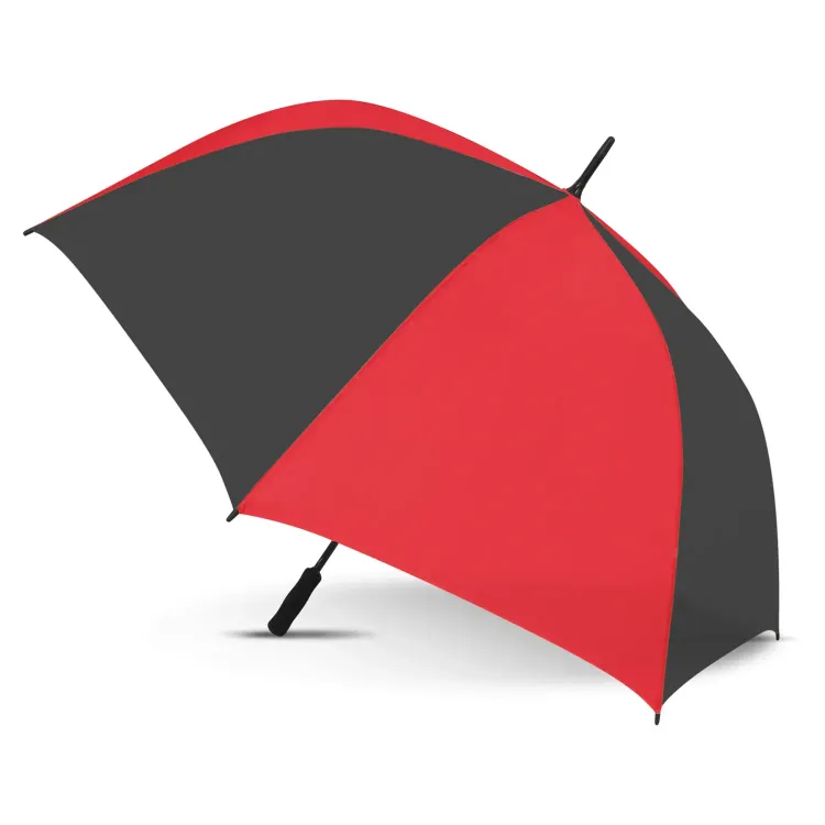 Hydra Sports umbrella in black and red, open profile view with black handle and tip