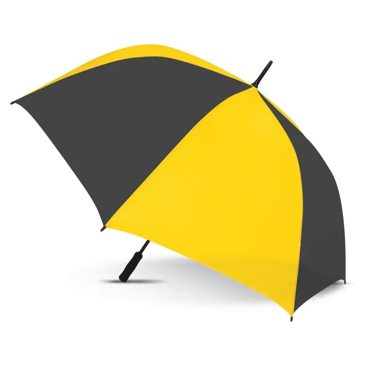 Hydra Sports umbrella in black and yellow, open profile view with black handle and tip
