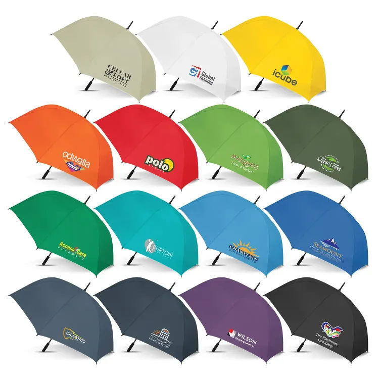 Line-up of Hydra Sports umbrellas in assorted colours, open profile view with printed logos