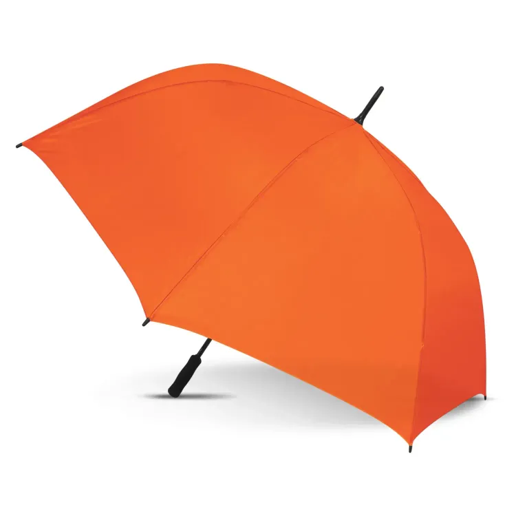 Hydra Sports umbrella in orange, open profile view with black handle and tip