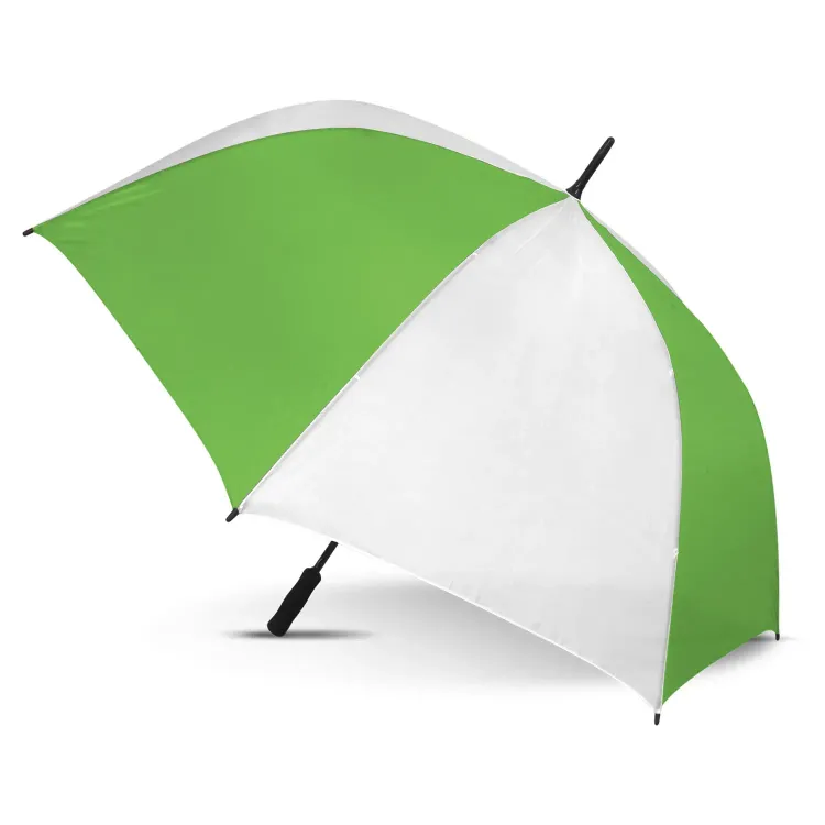 Hydra Sports umbrella in white and bright green, open profile view with black handle and tip