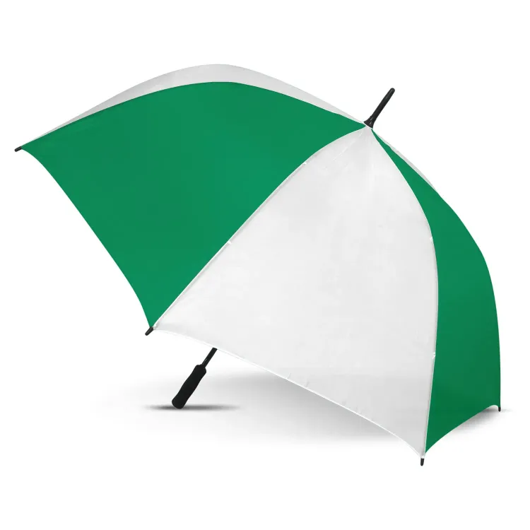 Hydra Sports umbrella in white and dark green, open profile view with black handle and tip