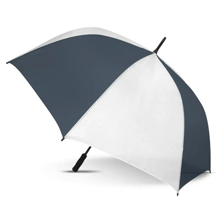 Hydra Sports umbrella in white and navy, open profile view with black handle and tip