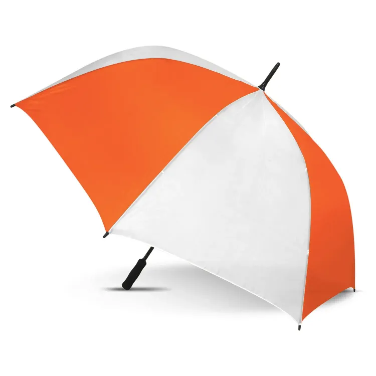 Hydra Sports umbrella in white and orange, open profile view with black handle and tip