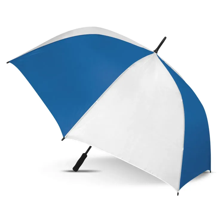 Hydra Sports umbrella in white and royal blue, open profile view with black handle and tip