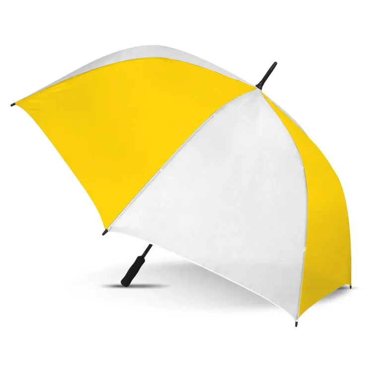 Hydra Sports umbrella in white and yellow, open profile view with black handle and tip