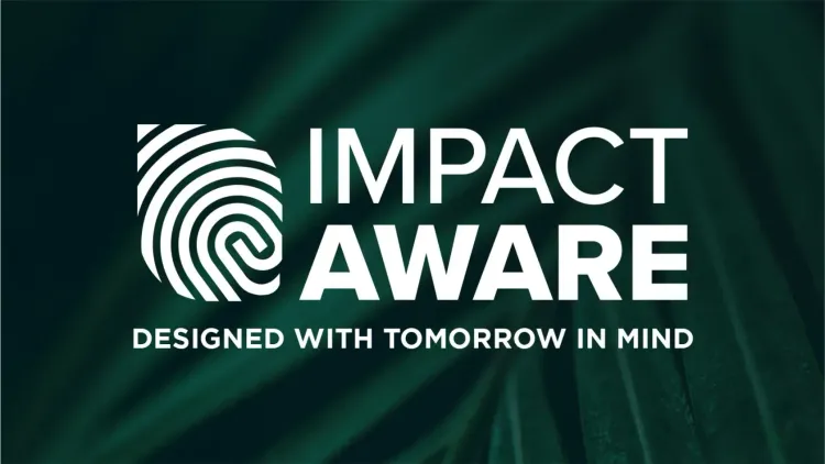 Impact Aware logo with fingerprint design and slogan over dark green leaf background.