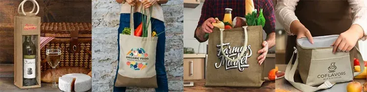 Hands holding and displaying assorted jute bags including wine, tote, and cooler styles with printed logos used for shopping and gifting