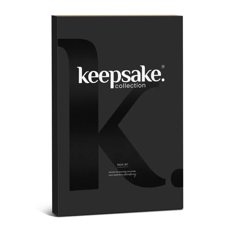 Keepsake Collection black gift box with gloss UV varnish K logo on matte finish packaging.