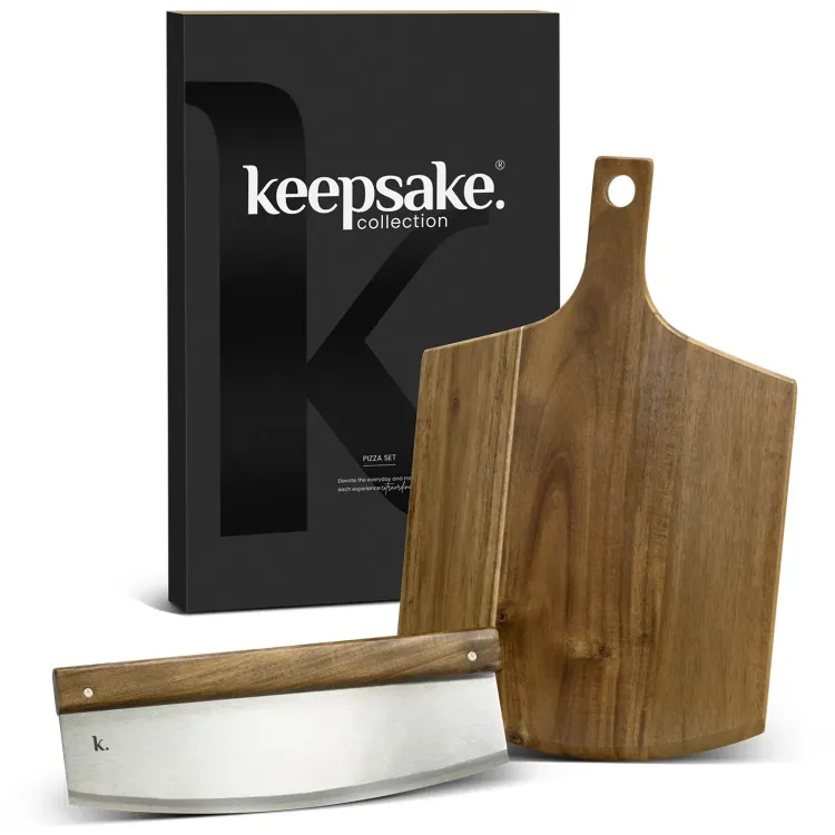 Keepsake Pizza Set with acacia wood serving board, stainless steel cutter, and black gift box.