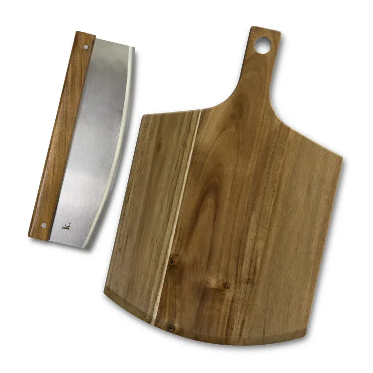 Keepsake Pizza Set featuring acacia wood serving board and matching stainless steel cutter.
