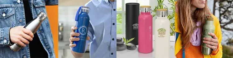 Hands holding and displaying assorted metal drink bottles in silver, blue, pink, white, and green with printed logos